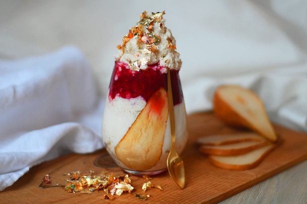 Birnendessert, Birnenfrühstück, Birnen Erdbeer Brei, Birnen Erdbeer Dessert