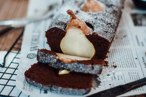 Schoko-Birnen Kuchen vegan, Birnen-Schokokuchen, Schokokuchen mit versunkenen Birnen