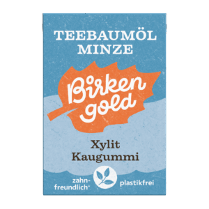 Teebaumöl Minze Birkengold Xylit Kaugummi, zahnfreundlich und plastikfrei. Natürliche und frische Kaugummi-Option.