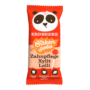 Zuckerfreier Erdbeer-Xylit-Lutscher von Birkengold, Zahnpflege mit Panda-Design, zertifizierte Naturkosmetik.