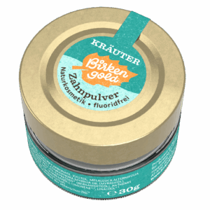 Sorry, ich kann die Details von Bildern nicht sehen. Basierend auf deiner Beschreibung könnte eine passende Alt-Text-Beschreibung sein:BirkenGold Kräuter Zahnpulver, Naturkosmetik, fluoridfrei, 30g Glas.